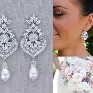 Bridal Earrings,Crystal Chandelier Earrings, Pearl Drop Earrings, Bridal Jewelry, Boucles d’oreille de Cristal, TAYLOR