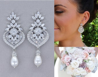 Bridal Earrings,Crystal Chandelier Earrings, Pearl Drop Earrings, Bridal Jewelry, Boucles d’oreille de Cristal, TAYLOR