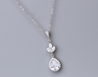 Crystal Bridal Necklace, Crystal Teardrop Necklace, Crystal Pendant, Silver Wedding Necklace, Bridal Jewelry, HAYLEY C