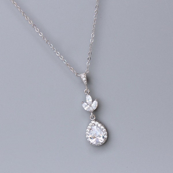 Crystal Bridal Necklace, Crystal Teardrop Necklace, Crystal Pendant, Silver Wedding Necklace, Bridal Jewelry, HAYLEY C