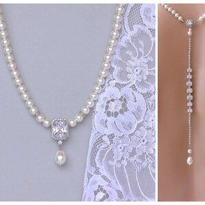 Colar de pérola e cristal de fundo, colar de noiva com pérolas de marfim, colar quadrado de pérolas de cristal, EMILIA P