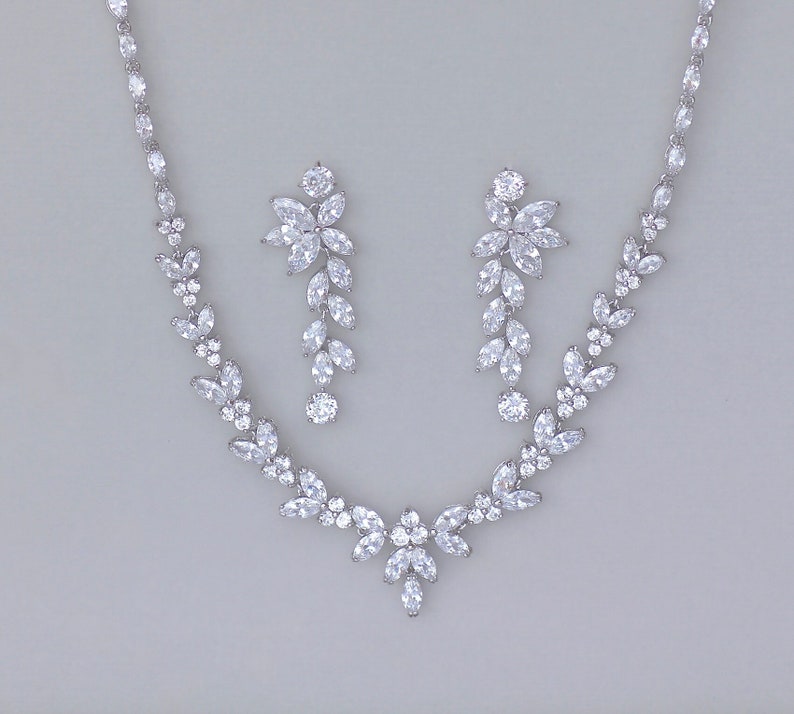Crystal Bridal Set, Bridal Jewelry Set, White Gold Necklace & Earring Set, DENISE/MAXIME image 1