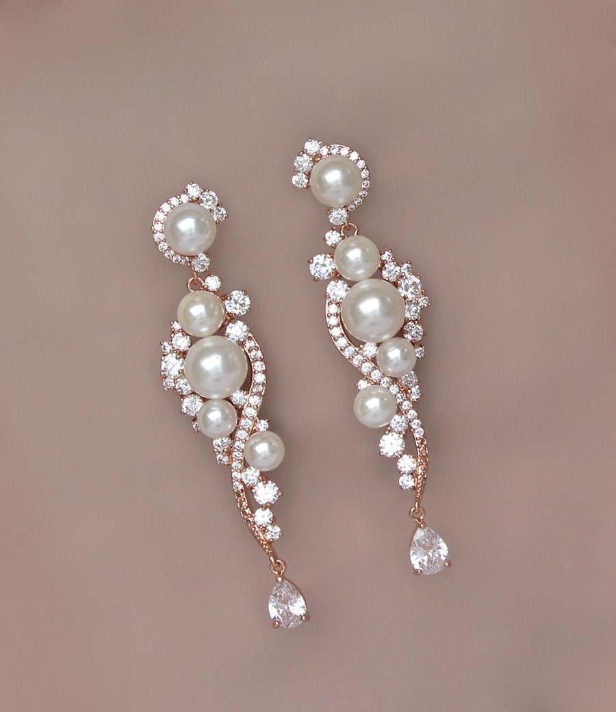 Pearl Bridal Earrings Rose Gold Earrings Chandelier