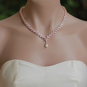 Rose Gold Crystal Necklace, Pearl Drop Crystal Necklace, Rose Gold Necklace, FELICITY RGP image 4