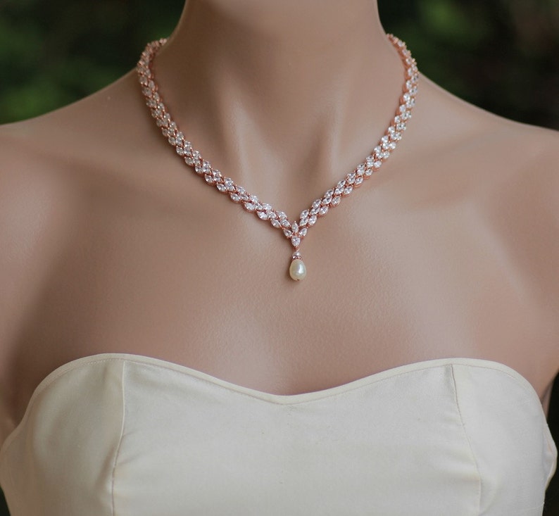 Rose Gold Crystal Necklace, Pearl Drop Crystal Necklace, Rose Gold Necklace, FELICITY RGP image 4