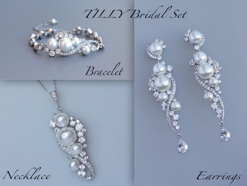 TILLY Earrings Bracelet /& Necklace Set Pearl Wedding Jewelry SET Chandelier Earring Set Pear Bridal Earrings