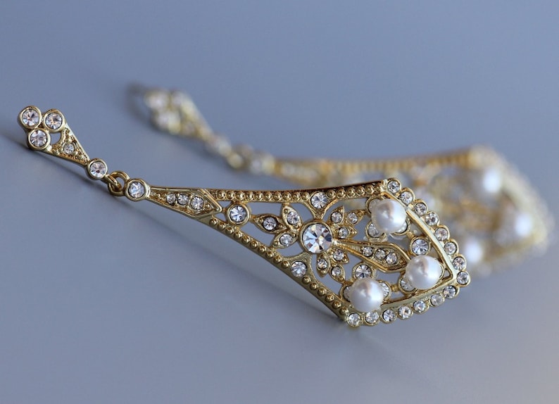 Crystal /& Pearl Bridal Earrings EMILY Wedding Jewelry Deco Bridal Jewelry Gold Wedding Earrings
