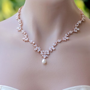 Rose Gold Crystal Necklace, Crystal Bridal Necklace, Rose Gold Bridal Jewelry, ASHLEY RG