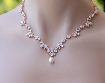 Rose Gold Crystal Necklace, Crystal Bridal Necklace, Rose Gold Bridal Jewelry, ASHLEY RG