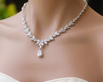 Crystal Necklace, Pearl Drop Necklace, Crystal Bridal Necklace,  Wedding Necklace,  DENISE