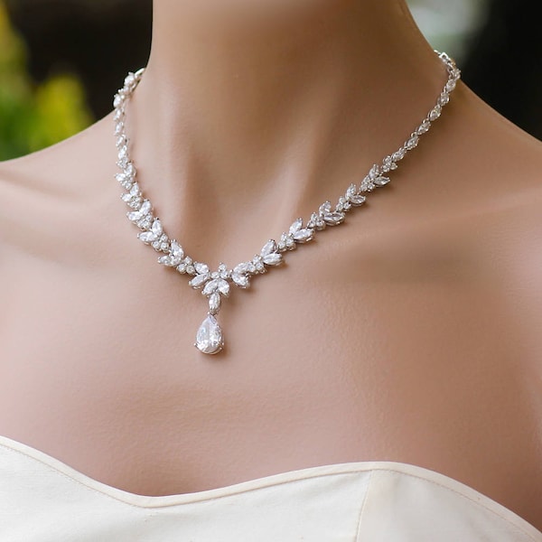 Crystal Necklace, Pearl Drop Necklace, Crystal Bridal Necklace,  Wedding Necklace,  DENISE