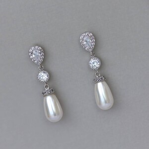 Pearl Bridal Earrings, Pearl Drop Earrings, Crystal & Pearl Wedding Earrings, Silver Pearl Earrings, AUDREY Pearl image 4