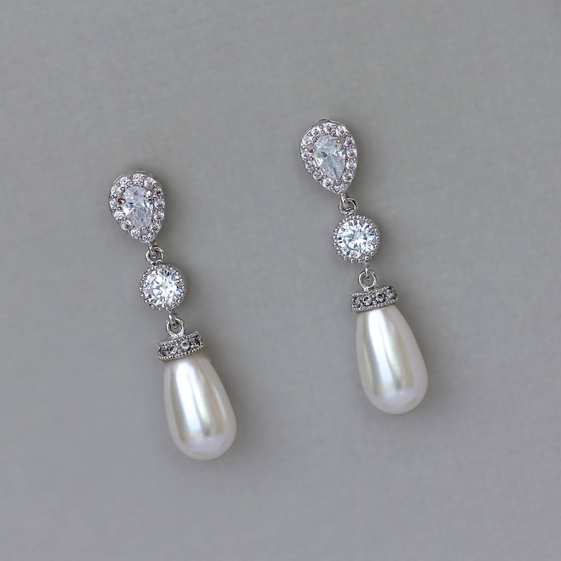 Pearl Bridal Earrings, Pearl Drop Earrings, Crystal & Pearl Wedding Earrings, Silver Pearl Earrings, AUDREY Pearl image 4