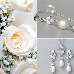 Crystal and Pearl Bridal Set, Earrings, Necklace & Bracelet Set, Bridal Jewelry Set, Silver Wedding Jewelry Set, FLEUR/HAYLEY
