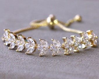 Gold Bridal Bracelet, Gold Crystal Adjustable Bracelet, Gold Bridal Jewelry, Hayley II