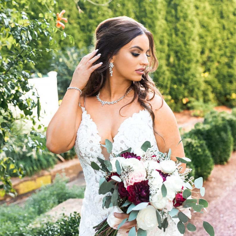 Parure nuptiale en cristal, parure de bijoux de mariée, collier et boucles d'oreilles en or blanc, DENISE/MAXIME image 9