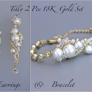 Pearl Wedding Set, Gold Jewelry Set, Earrings & Bracelet Bridal Set, 18K Gold Set, Gold Wedding Jewelry Set, TILLY