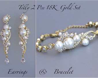 Pearl Wedding Set, Gold Jewelry Set, Earrings & Bracelet Bridal Set, 18K Gold Set, Gold Wedding Jewelry Set, TILLY