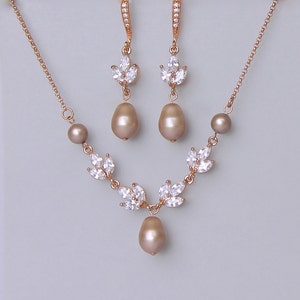 Bridal Jewelry Set, Rose Gold Jewelry set, Champagne Pearl Bridal Set, HAYLEY RGAP image 1