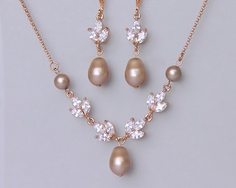 Bridal Jewelry Set, Rose Gold Jewelry set, Champagne Pearl Bridal Set,  HAYLEY RGAP