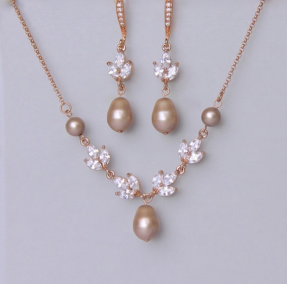 rose gold wedding necklace and earrings Pearl bridal jewelry set pearl wedding jewelry set for bride pearl drop earrings and necklace