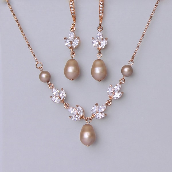 Bridal Jewelry Set, Rose Gold Jewelry set, Champagne Pearl Bridal Set,  HAYLEY RGAP