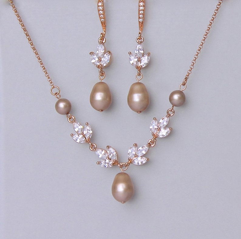 Bridal Jewelry Set, Rose Gold Jewelry set, Champagne Pearl Bridal Set, HAYLEY RGAP image 1