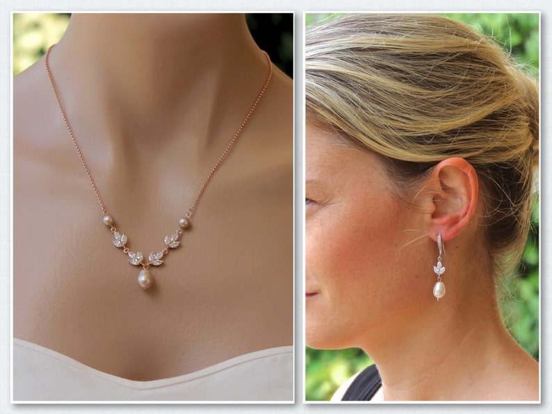 Bridal Jewelry Set, Rose Gold Jewelry set, Champagne Pearl Bridal Set, HAYLEY RGAP image 4