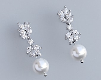 Bridal Earrings, Silver Wedding Earrings, Pearl Drop Earrings, Crystal Chandelier Earrings, ANNIE