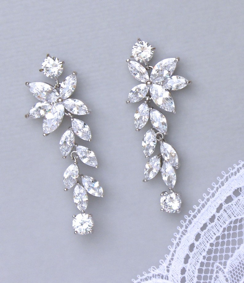 Crystal Chandelier Bridal Earrings, Silver Marquise Long Crystal Earrings, Maxime image 4