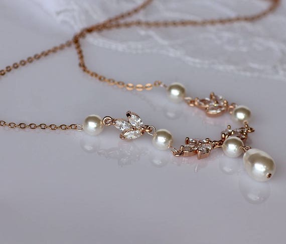 Rose Gold Bridal Necklace, Rose Gold Crystal & Pearl