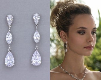 Crystal Teardrop Chandelier Bridal Earrings, White Gold Rhodium Long Teardrop Crystal Earrings,  SYDNEY S