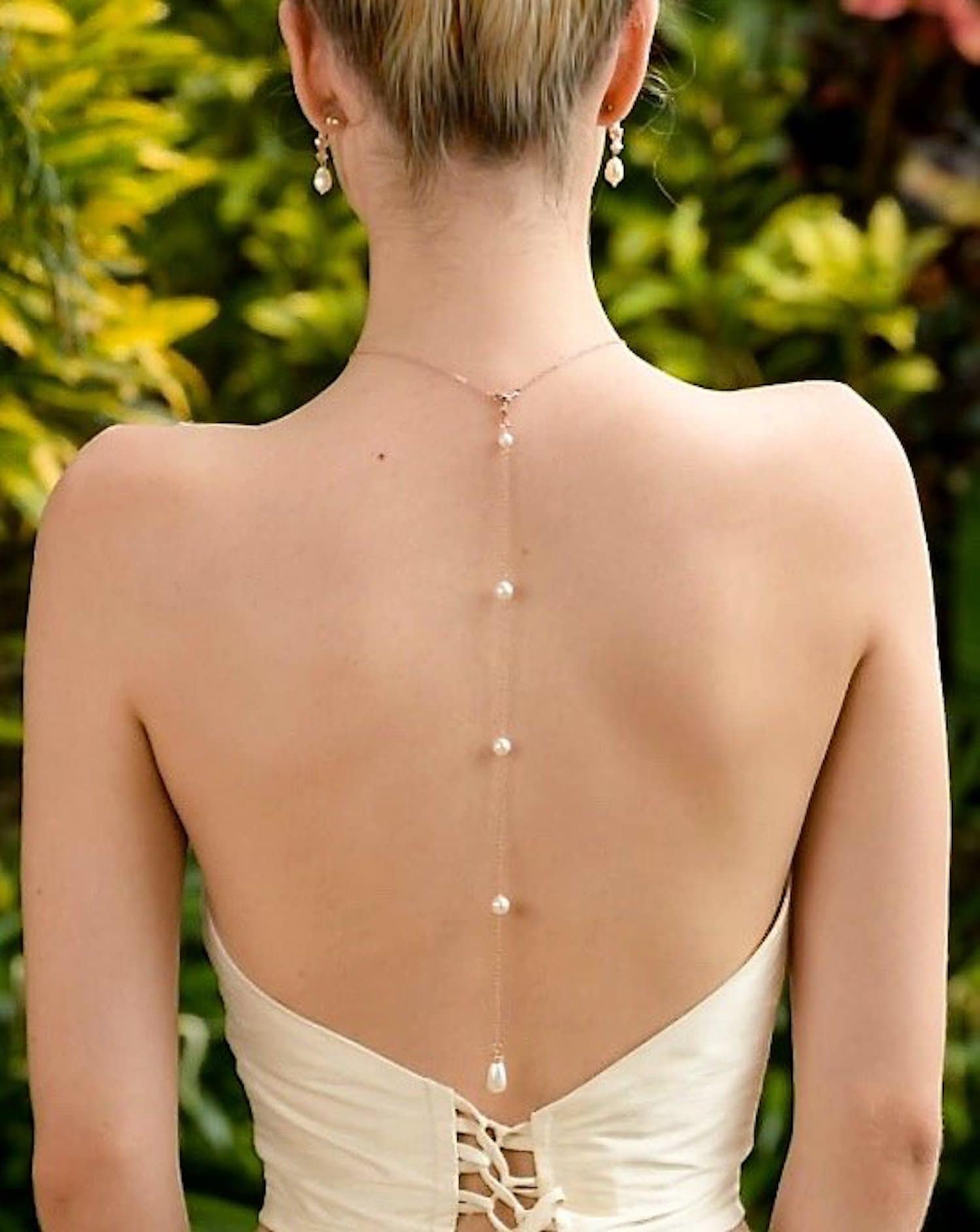 Wedding Bridal Backdrop Necklace Simulated Pearls Back Chain Bikini Bodychain （Gold） Sarora
