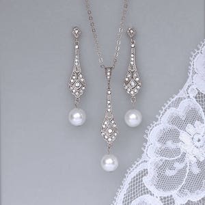 White Gold Bridal Set, Pearl Bridal Set, Earrings and Necklace Set, Bridesmaids Jewelry Set, Pearl Drop Earring Set, VIOLET SRP
