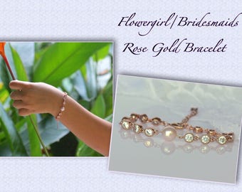 Flower Girl Crystal Bracelet, Swarovski Pearl & Crystal Bracelet, Rose Gold Junior Bridesmaids Bracelet,