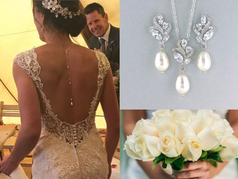 Crystal and Pearl Backdrop Necklace and Earrings Set Silver Wedding Pearl Jewelry Set FLEUR 4 Bridesmaid Jewelry Set