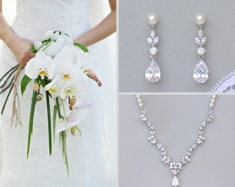 Bridal Jewelry Set, Pearl and Crystal Bridal Jewelry Set, Crystal Jewelry Set, Pearl Necklace & Earring Set, Wedding Jewelry Set, ASHLEY 1