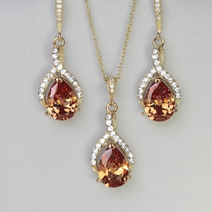 Champagne Bridal Set, Gold Jewelry Set, Bridesmaids Jewelry Set, Crystal Necklace & Earrings Set, Wedding Jewelry, RIBBON