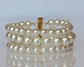 Pulsera nupcial de perlas, brazalete nupcial de perlas de 3 hileras, pulsera de boda de perlas Swarovski, joyería nupcial,