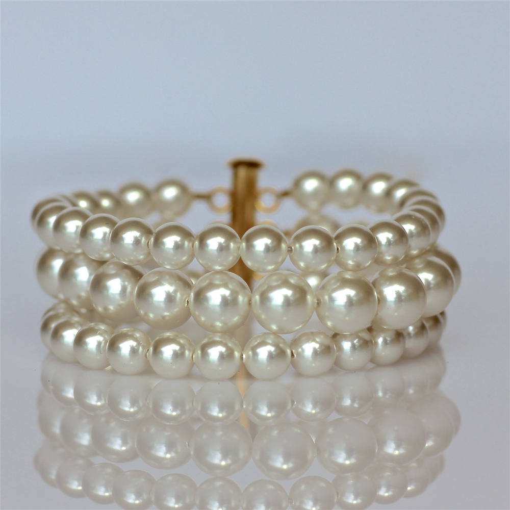Bracelet manchette mariée 3 rangs perles Swarovski