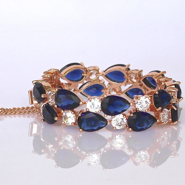 Blue Crystal Bracelet, Rose Gold Crystal Bridal Bracelet, Sapphire Blue Bracelet, Crystal Bridal Jewelry, Wedding Jewelry, TESSA RGB