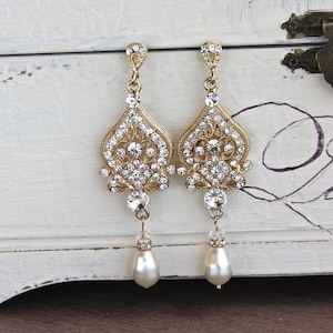 GOLD Crystal Bridal Earrings, Rhinestone & Pearl Drop Wedding Earrings, Wedding Jewelry, Bridal Jewelry, Bridesmaid Earrings LUCY GOLD