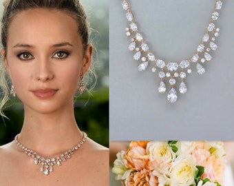 Rose Gold Crystal Chandelier Necklace, Rose Gold Teardrop Crystal Bridal Necklace,  SYDNEY RG