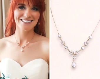 Rose Gold Bridal Necklace, Rose Gold Crystal & Pearl Necklace, GOLD and Rhodium Options  HAYLEY RGP