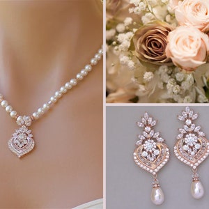 Rose Gold Bridal SET, Wedding Jewelry Set, Bridal Earrings & Necklace SET, Rose Gold Chandelier Earrings, Crystal and Pearl Set, TAYLOR