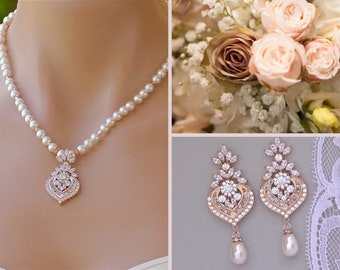 Rose Gold Bridal SET, Wedding Jewelry Set, Bridal Earrings & Necklace SET, Rose Gold Chandelier Earrings, Crystal and Pearl Set, TAYLOR