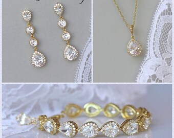 Gold Bridal Jewelry Set, Crystal Jewelry Set, Earrings, Necklace & Bracelet Set, Crystal Bridesmaids Set, TAMARA G1