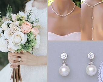 Pearl Backdrop Necklace Set, Earrings & Necklace Set, Pearl Bridal Jewelry Set, Wedding Jewelry Set