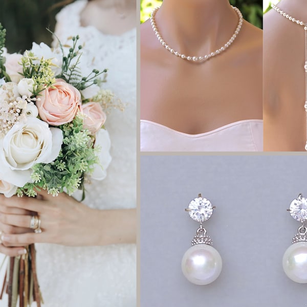 Pearl Backdrop Necklace Set, Earrings & Necklace Set, Pearl Bridal Jewelry Set, Wedding Jewelry Set