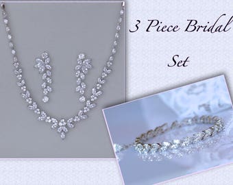 Crystal Bridal Set, Bridal Jewelry Set, White Gold Necklace Bracelet & Earring Set, 3 Piece Jewelry Set, MDH